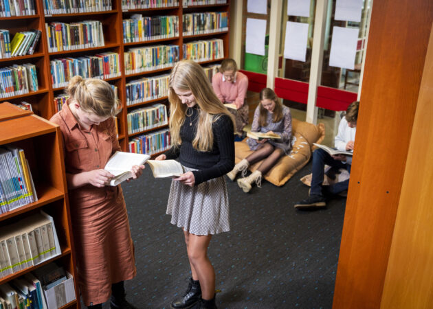 Leerlingen lezen een boek in de mediatheek.