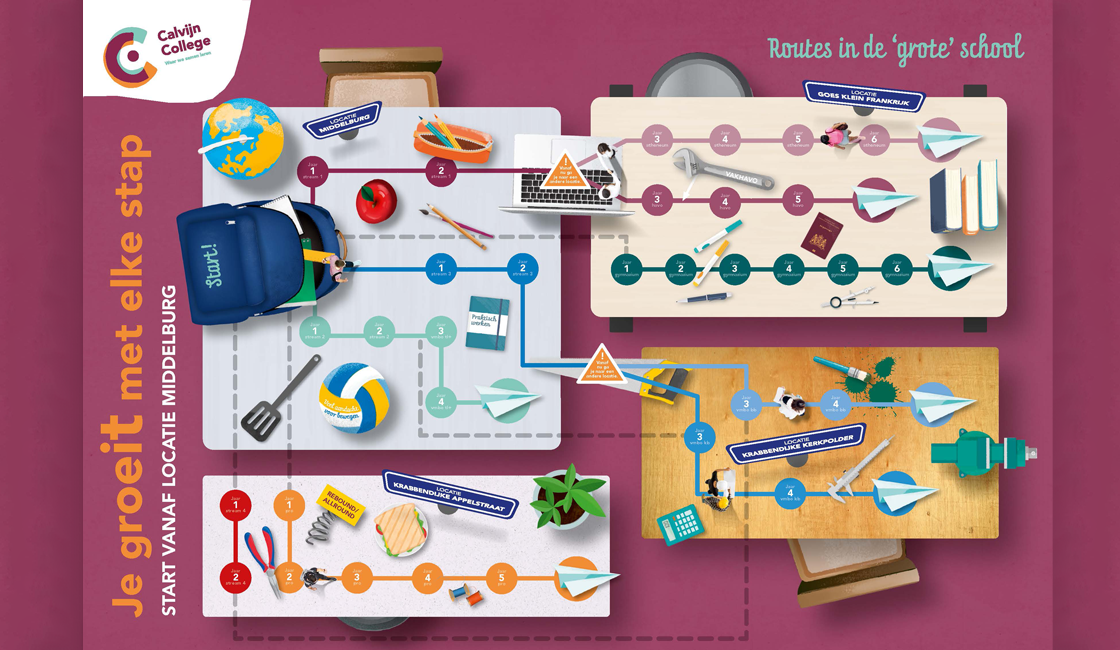 Kaart van mogelijke routes van leerling in Calvijn College
